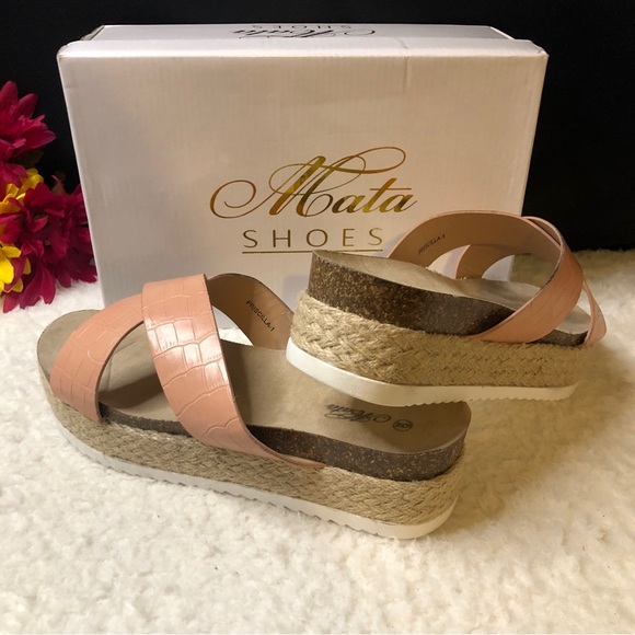 New Mata Shoes Blush Croc Embossed Criss Cross Espadrille Slip On Sandals - Picture 8 of 14